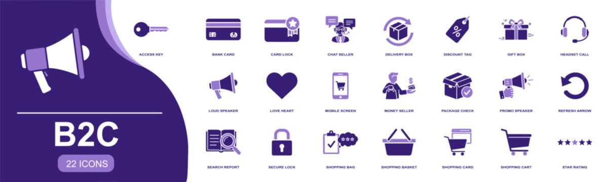 B2C icon set. Containing access key, bank card, seller chat, delivery box, discount tag, gift box, shopping cart, secure lock, star rating, payment and more. Solid vector icons collection.