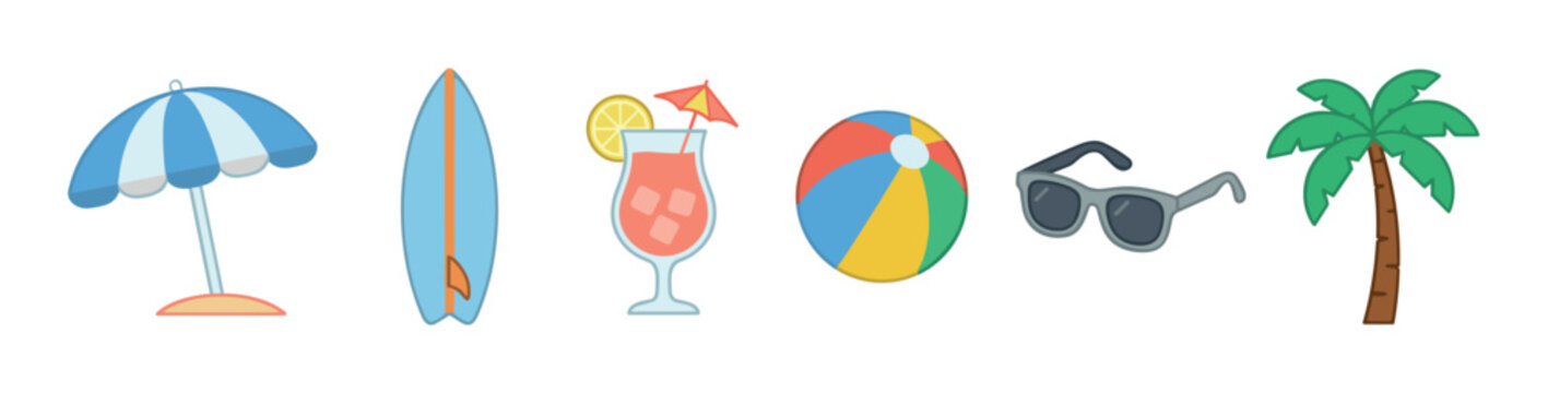 Colorful collection of summer vacation objects featuring a beach umbrella, surfboard, tropical drink, ball, sunglasses, and palm tree in a fun, flat cartoon illustration style