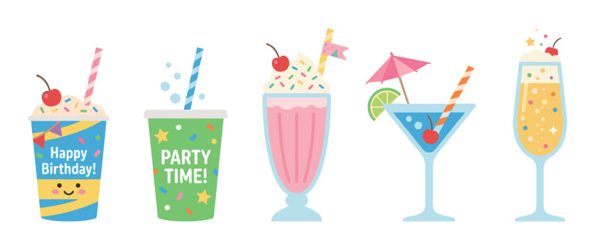 Colorful set of five festive drinks for a party celebration, including milkshakes, cocktails, and juices with cute decorations like cherries, straws, and umbrellas in a flat vector style