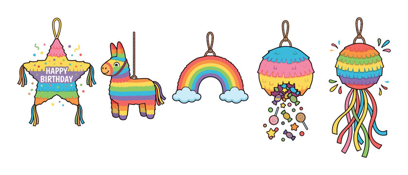 Colorful collection of festive party pi&ntilde;atas in a fun cartoon style, including a burro, a birthday star, a rainbow, and one spilling out assorted candy and sweets