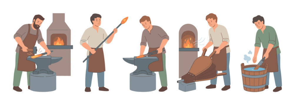 Set of blacksmithing process illustrations showing a craftsman forging metal, from heating in a furnace to hammering on an anvil and quenching in water, in a flat cartoon style