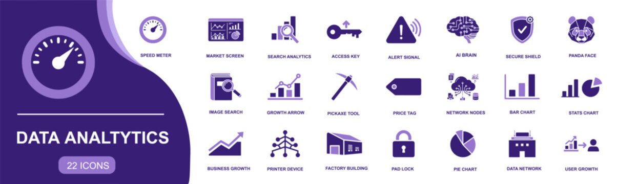 Data Analytics icon set. Containing speed meter, market screen, search analytics, AI brain, secure shield, pie chart, business growth, network nodes and more. Solid vector icons collection.