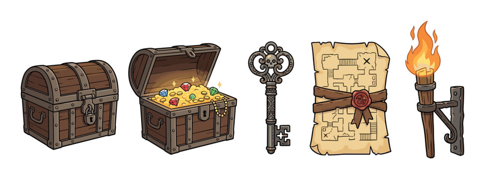 Collection of cartoon adventure game assets featuring a wooden treasure chest full of gold coins, a medieval skeleton key, a secret map, and a burning wall torch