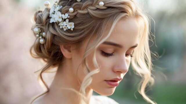 Blonde Woman Portrait With Floral Braided Updo Outdoors