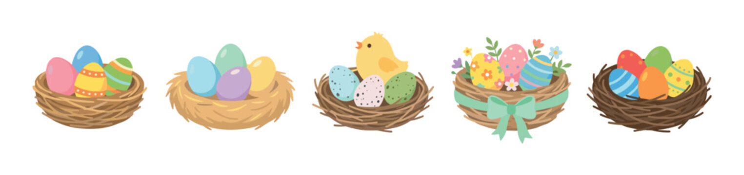 Collection of colorful illustrated Easter eggs in woven nests with a cute chick, flowers, and ribbon decorations in a charming flat cartoon style for a festive spring holiday