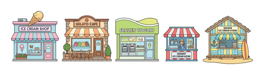 Obraz premium Collection of five illustrated ice cream shops, gelato cafes, and frozen yogurt stands presented in a charming cartoon doodle style as a set of storefront vector icons