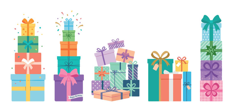 Collection of colorful illustrated gift boxes and presents stacked in piles, wrapped in patterned paper with ribbons and bows for a festive birthday or holiday celebration