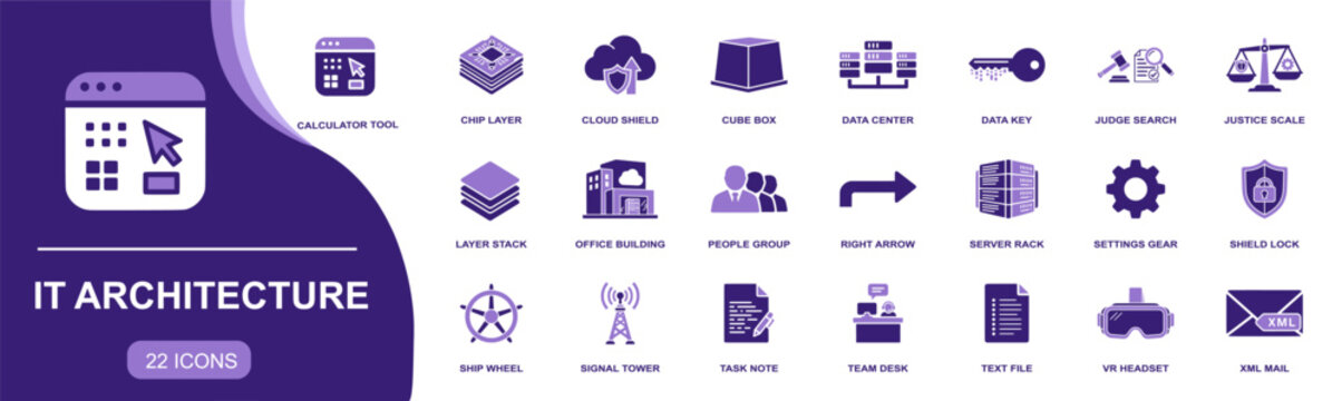 IT architecture icon set. Containing chip layer, cloud shield, data center, server rack, signal tower, VR headset, shield lock, XML mail and more. Solid fill vector icons collection.
