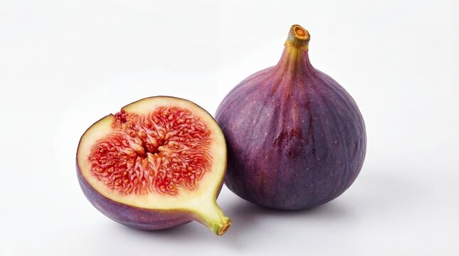 Two purple figs one cut in half on white background showing interior