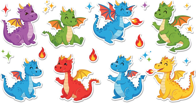 Cute Baby Dragons Cartoon Vector Set with Fire Breathing Characters, Colorful Fantasy Creatures and Sticker Style Illustrations