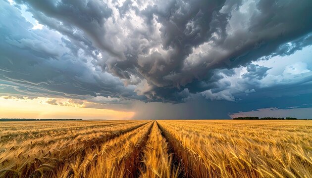 Wide field of golden wheat leads to horizon under dramatic storm clouds