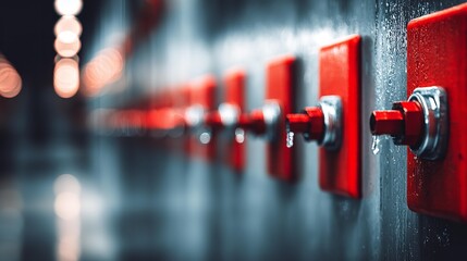 Red buttons line a dark, wet wall