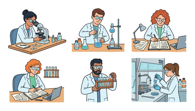 Set of six cartoon illustrations showing diverse scientists working in a laboratory, conducting experiments with microscopes, beakers, and test tubes for scientific research
