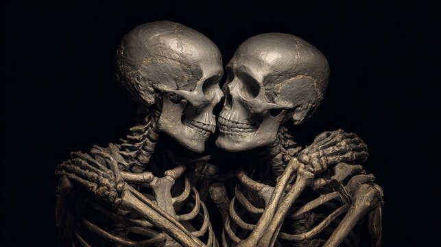 Two human skeletons embracing each other in a close pose against a dark background, showcasing intricate bone structures and details of the skulls