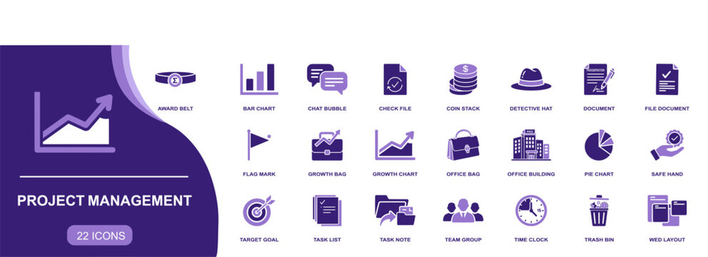 Project Management icon set. Containing bar chart, task list, target goal, team group, time clock, growth chart, office bag, pie chart, document and more. Solid vector icons collection.