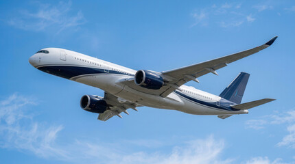 Modern Commercial Airplane in Flight Against Bright Blue Sky