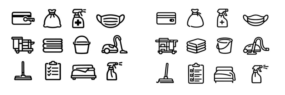 This collection features minimalist line icons for hotel housekeeping