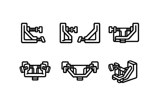 A collection of six black and white line icons depicting different