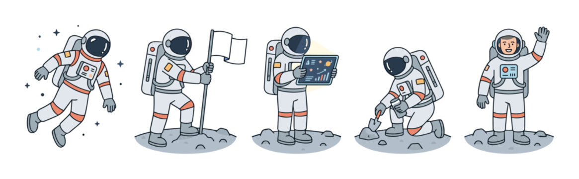 Set of cartoon astronaut character illustrations showing various space exploration activities like planting a flag, analyzing data, and collecting samples in a flat vector style