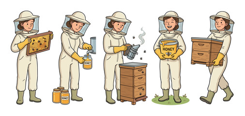 Beekeeper woman character illustration set showing various stages of apiculture, including holding a honeycomb, using a smoker, pouring honey into a jar, and carrying a beehive