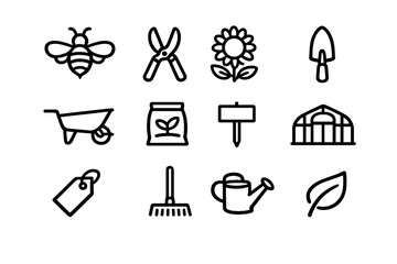 Naklejka premium A collection of twelve minimalist black line icons representing