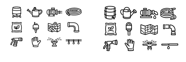 A collection of black and white line icons for garden irrigation and © PAPA STOCK