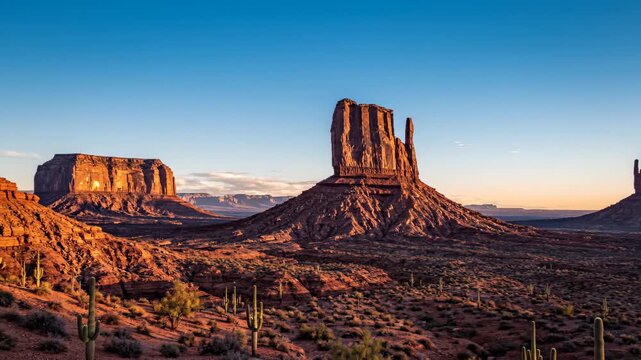 Iconic Monument Valley mesas bathed in the warm glow of a desert sunset, a classic American West landscape
