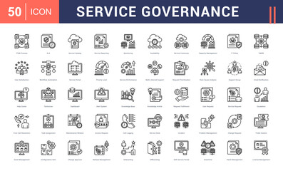 Service Governance Icon Set. itsm process, sla, service catalog, service reporting, monitoring and more. Line Style vector icons collection.
