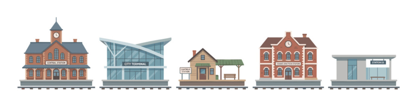 Collection of five different train station buildings showing various architectural styles from classic brick to modern glass, presented as a flat vector illustration set