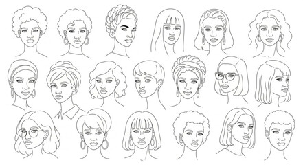 Collection of Diverse Hand Drawn Female Faces Sketches.