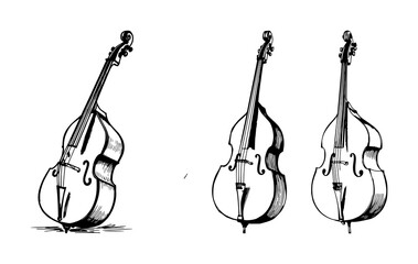Fototapeta premium Double bass set with sketchbook style drawing featuring upright double bass, black ink pen, artistic textures with illustration and black and white
