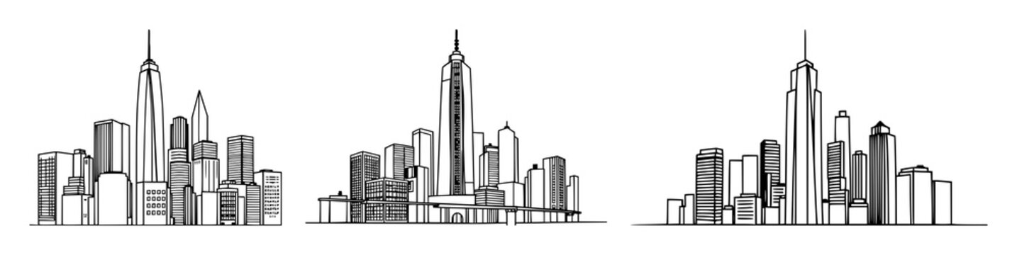Continuous line city building set with single outline cityscape featuring skyscrapers, streets, rooftops with vector illustration and editable stroke