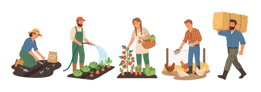 Set of farmer characters working on a farm, planting seeds, watering vegetables, harvesting crops, feeding chickens, and carrying a hay bale in a flat cartoon vector style