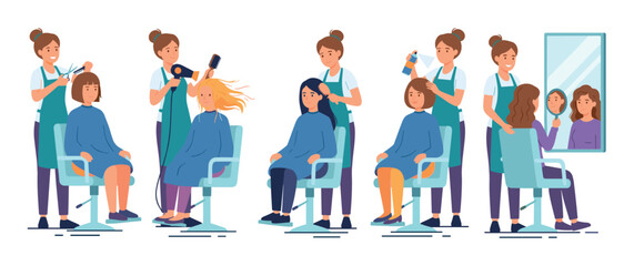 Fototapeta premium Collection of hair salon scenes illustrating the hairdressing process with a stylist cutting, blow-drying, brushing, and styling various female clients in a flat design style