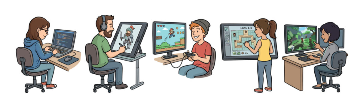 Five cartoon game developers illustrating the production pipeline from programming and art to level design and quality assurance testing in a collaborative studio environment