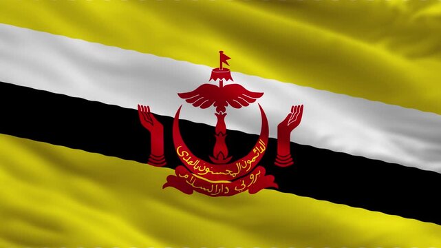 Brunei Darussalam National Flag Waving with Coat of Arms Emblem