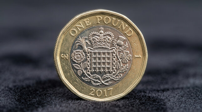 Close-up of a One Pound Coin on Dark Surface Showing Detailed Design and Year 2017