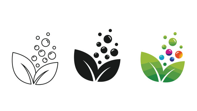 Set of organic leaf logos with floating bubbles in outline, black, and colorful designs for eco-friendly product branding.