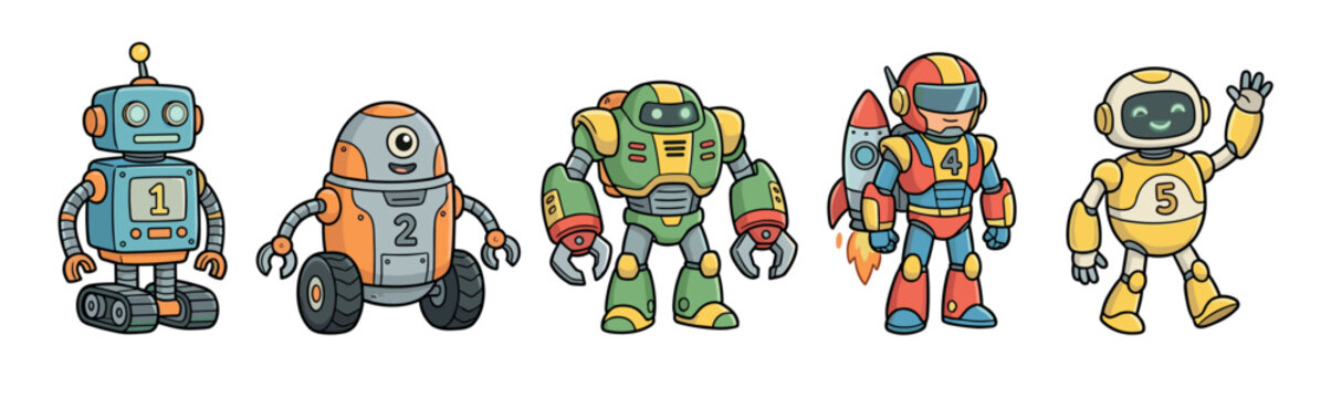 Collection of five colorful cartoon robots standing in a row, each with a unique design including a tracked bot, a wheeled droid, a powerful mech, a rocket bot, and a waving android