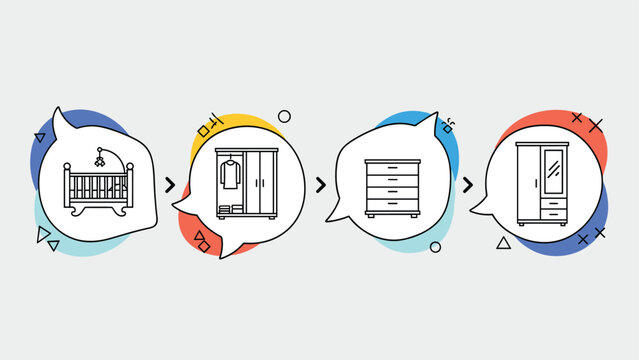 Furniture evolution infographic showing transitions from a baby crib to child wardrobe and adult dressers for interior home organization and storage.