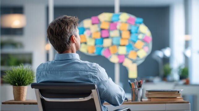 Adult male with ADHD seated at a modern desk, colorful sticky notes arranged in a brain shape above, representing overwhelming thoughts in a workspace