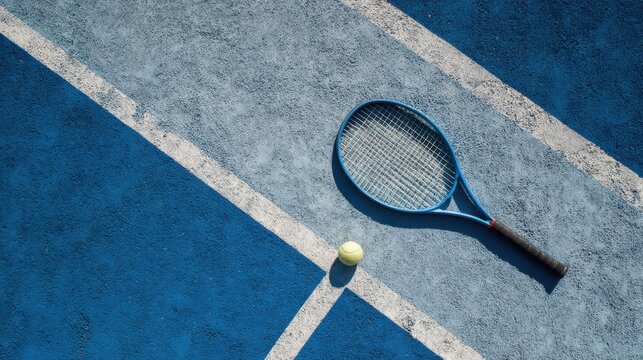 A blue tennis court with white lines, featuring a tennis racket and ball positioned near the intersection of the lines.