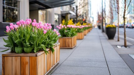 Obraz premium Large wooden planters filled with pink tulips line a modern city sidewalk, showcasing urban landscaping and floral design elements