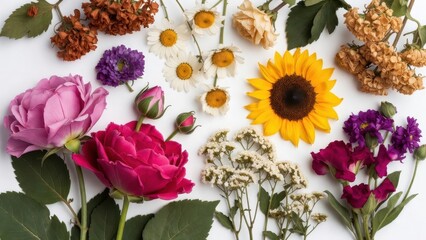 Obraz premium Mixed sunflower roses and wildflowers arranged on white background