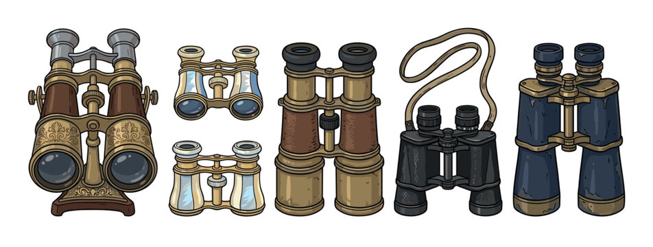 Set of six different vintage binoculars and opera glasses in a colorful hand-drawn illustration style, featuring ornate antique designs and classic field observation equipment