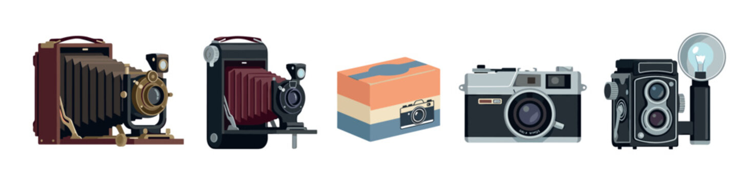 Collection of vintage and retro cameras including bellows, twin-lens reflex, and 35mm models in a flat vector illustration style showing classic photographic equipment