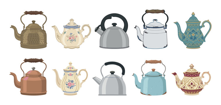 Diverse set of ten illustrated kettles and teapots in various styles, featuring ornate patterns, floral decorations, vintage enamelware, and modern metallic designs for hot drinks