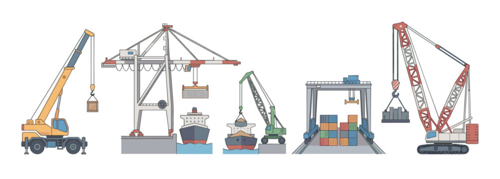 Collection of various industrial port cranes and machinery for logistics, including gantry, mobile, and crawler cranes loading cargo containers and bulk materials onto ships