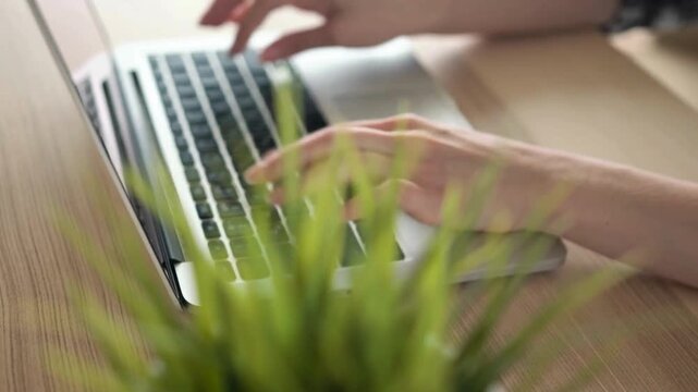 Close up of hands typing code on a laptop keyboard technology, Programmer woman looking mobile phone program code at workplace, IT technologies 4K UHD