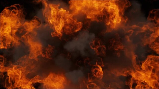 Flames and smoke intensely burning, engulfing the dark background with fire.